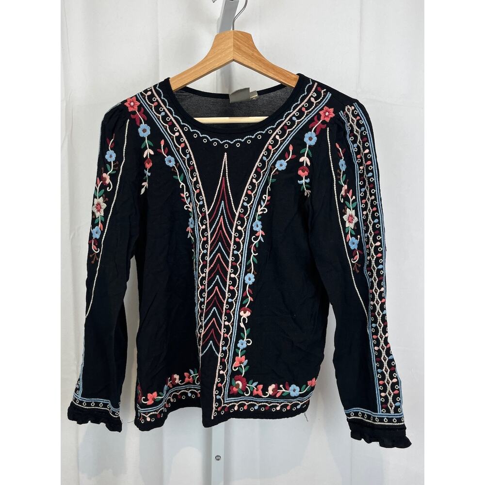 ONE SEPTEMBER XS Anthropologie Wesley Embroidered Top Long Sleeve Black Multi